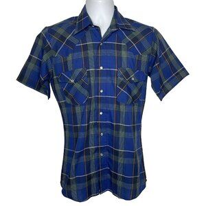 Vintage 80s Sheplers Pearl Snap Western Shirt Blue Gray Plaid Short Sleeve